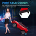 Woman carrying red Audi e-tron kids ride-on car with training wheels for portability