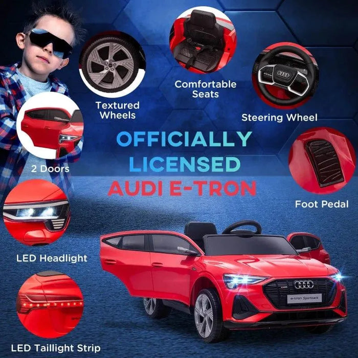 Red 12V Audi e-tron kids ride-on car with LED lights, textured wheels, and two open doors.