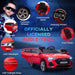 Red 12V Audi e-tron kids ride-on car with LED lights, textured wheels, and two open doors.