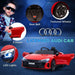 Red kids 12V Audi RS e-tron GT ride-on car with LED lights, open doors, seat belt, textured wheels.