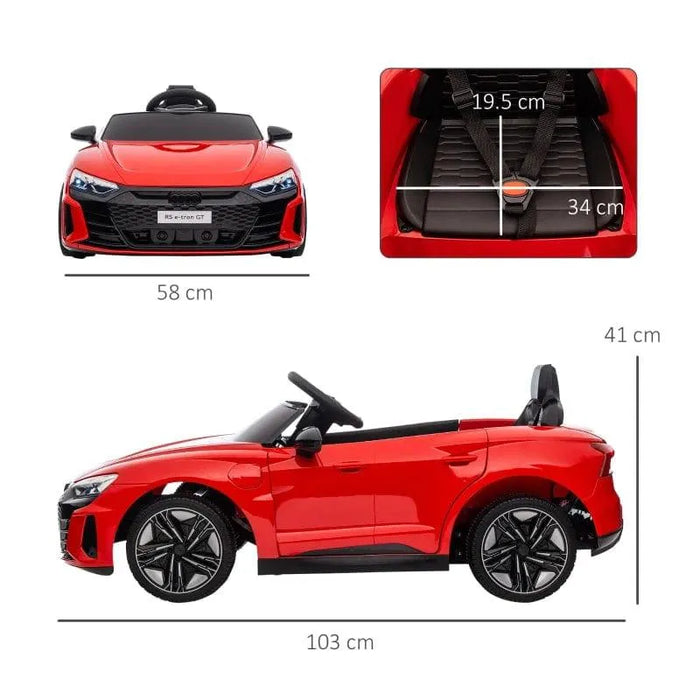Red 12V Audi RS e-tron GT kids electric ride-on car with seatbelt and size dimensions shown