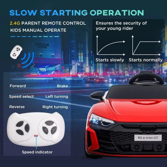 Red Audi RS e-tron GT kids electric ride-on car with LED lights, remote control, and city background.