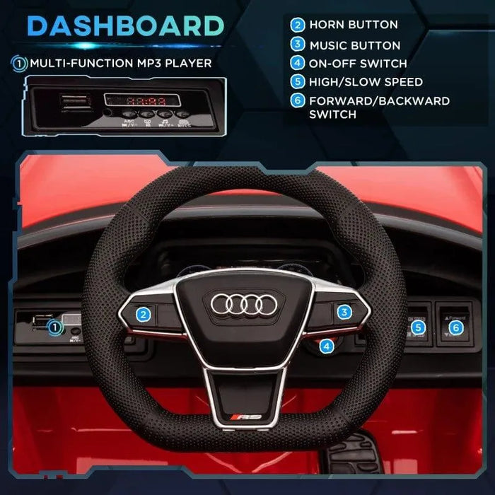 Audi RS e-tron GT kids electric ride-on car red dashboard with MP3, steering wheel, and controls