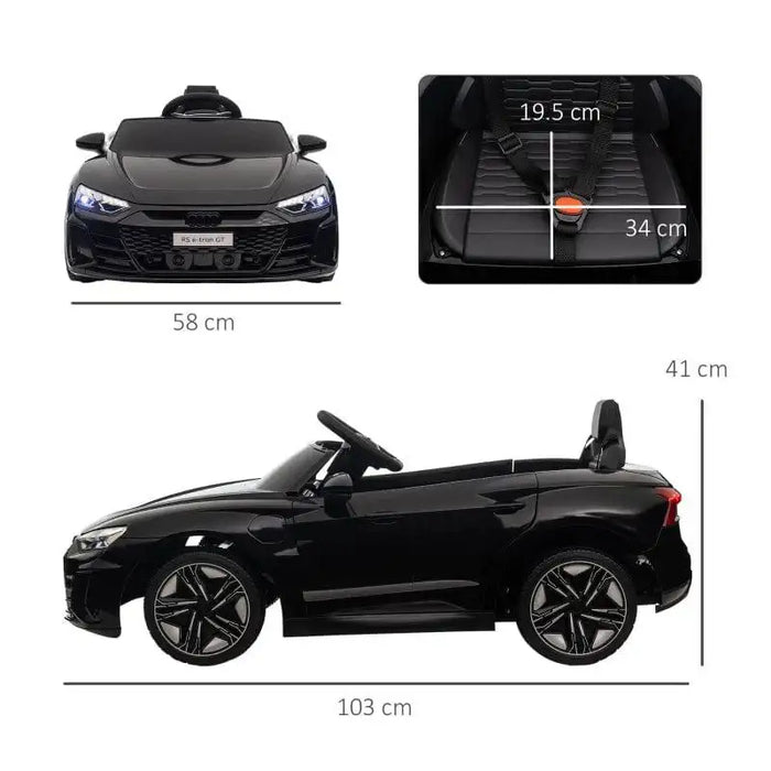 Black 12V Audi RS e-tron GT kids ride-on car with LED lights, music, and seat belt dimensions.