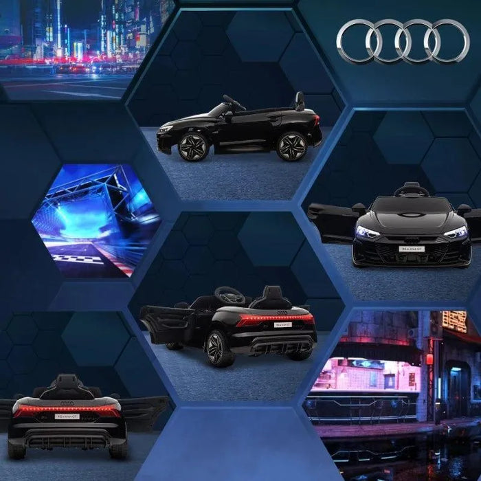 12V black Audi RS e-tron GT kids ride-on car with LED lights, open doors, and cityscape background