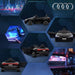 12V black Audi RS e-tron GT kids ride-on car with LED lights, open doors, and cityscape background
