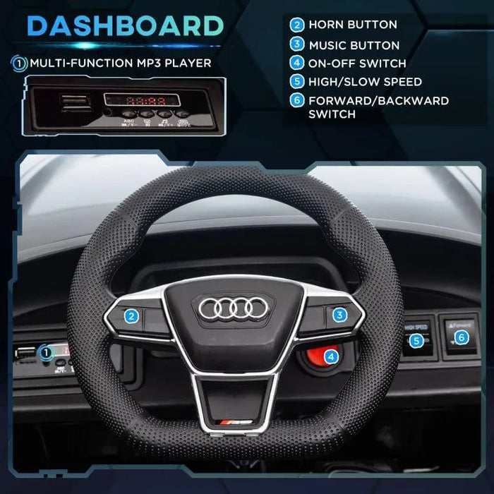 Audi RS e-tron GT kids ride-on car dashboard with steering wheel, MP3 player, control buttons