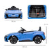 Blue 12V Audi RS e-tron GT kids ride-on car with seatbelt, dimensions shown