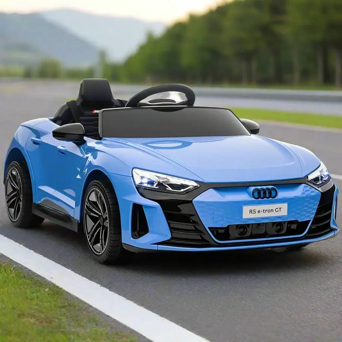 Blue 12V licensed Audi RS e-tron GT kids ride-on car on outdoor road