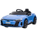 Blue 12V Audi RS e-tron GT kids ride-on car with black wheels and realistic detailing