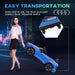 Woman pulls blue 12V Audi RS e-tron GT kids ride-on car with rear auxiliary wheels.