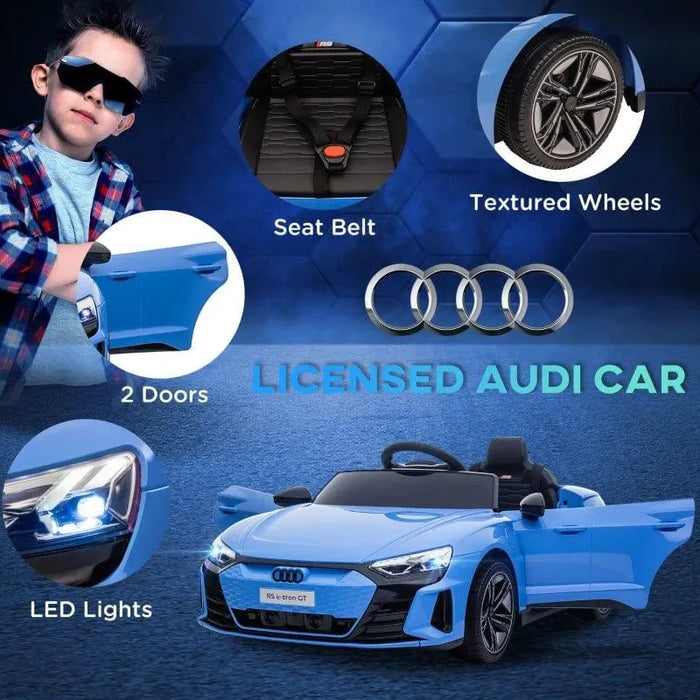 12V blue licensed Audi RS e-tron GT kids ride-on car with LED lights, seat belt, and textured wheels.