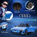 12V blue licensed Audi RS e-tron GT kids ride-on car with LED lights, seat belt, and textured wheels.