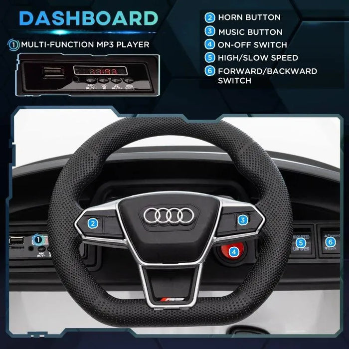 Audi RS e-tron GT kids ride-on car dashboard with MP3 player, buttons, and steering wheel