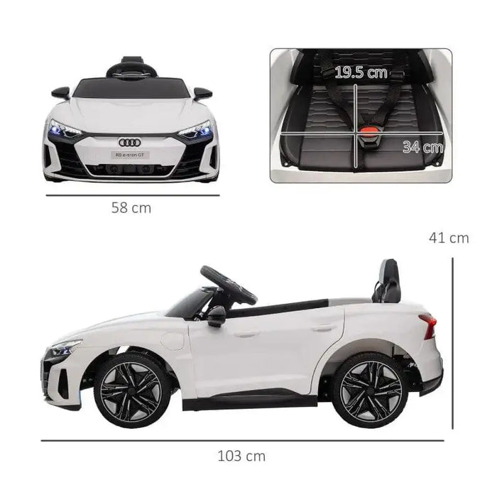 White 12V Audi RS e-tron GT kids ride-on car with detailed dimensions and black seatbelt.
