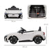 White 12V Audi RS e-tron GT kids ride-on car with detailed dimensions and black seatbelt.