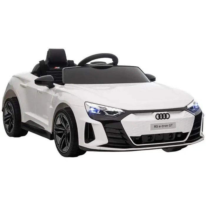 12V white Audi RS e-tron GT kids ride-on car with LED lights and detailed black wheels