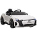 12V white Audi RS e-tron GT kids ride-on car with LED lights and detailed black wheels