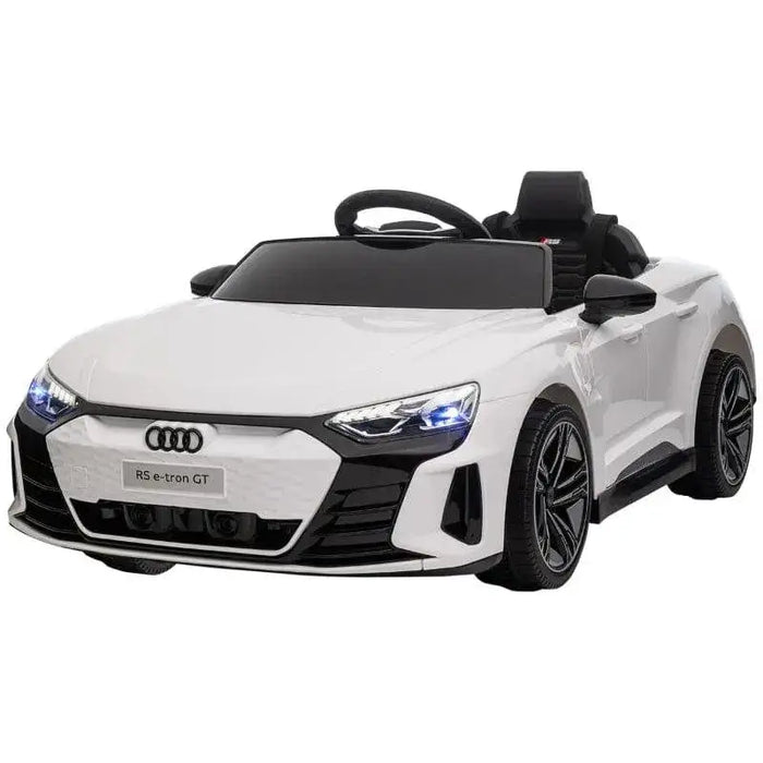 White Audi RS e-tron GT kids ride-on car with working headlights, black seat and wheels