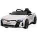 White Audi RS e-tron GT kids ride-on car with working headlights, black seat and wheels