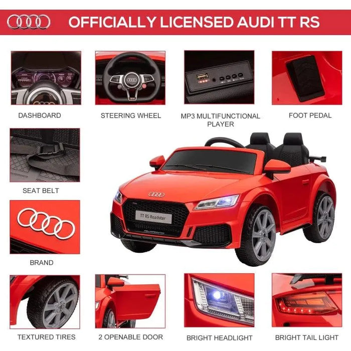 Red 12V Audi TT RS kids electric ride-on car with dashboard, seat belt, openable doors, headlights, taillights, and steering wheel.