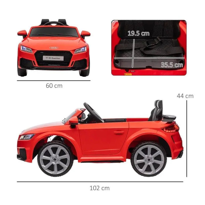 Red 12V Audi TT RS kids electric ride-on car with seatbelt, shown with dimensions.
