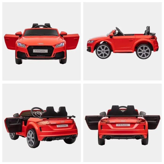 Red Audi TT RS kids electric ride on car toy with open doors, multiple views