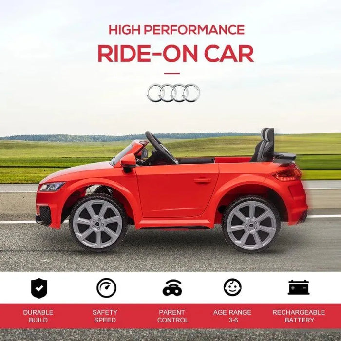 Red Audi TT RS kids electric ride-on car on road, outdoor setting, features icons below