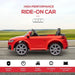 Red Audi TT RS kids electric ride-on car on road, outdoor setting, features icons below