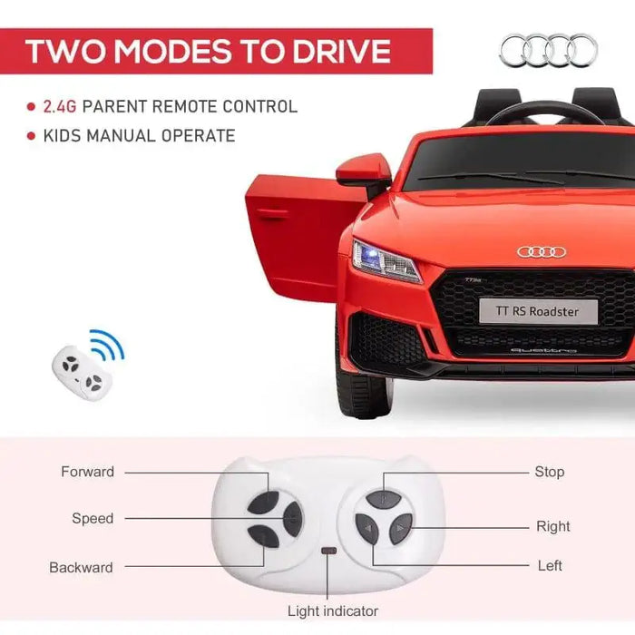 Red Audi TT RS kids electric ride-on car with open door, remote control, and labeled functions.