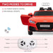 Red Audi TT RS kids electric ride-on car with open door, remote control, and labeled functions.