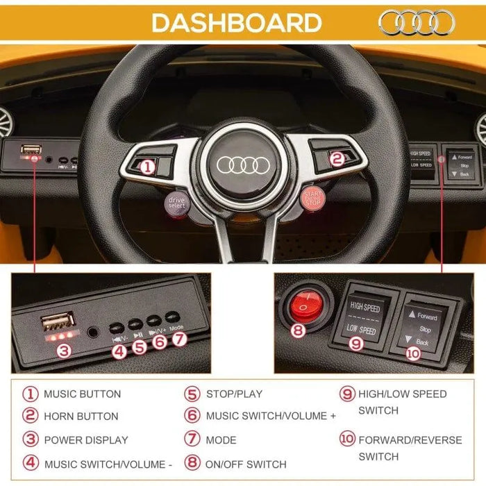 Audi TT RS kids ride-on car dashboard with steering wheel, buttons, and control switches