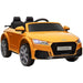 Yellow 12V licensed Audi TT RS kids ride-on car with remote control and working headlights