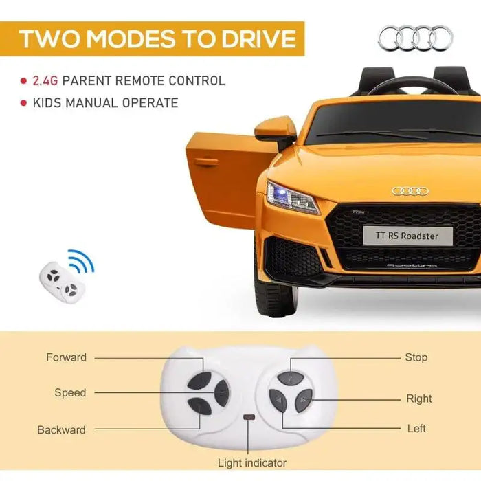 Yellow 12V Audi TT RS ride-on car for kids with open door, remote control, and headlights.