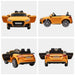 Yellow 12V Audi TT RS kids ride-on car with open doors, headlights, remote control, and realistic design