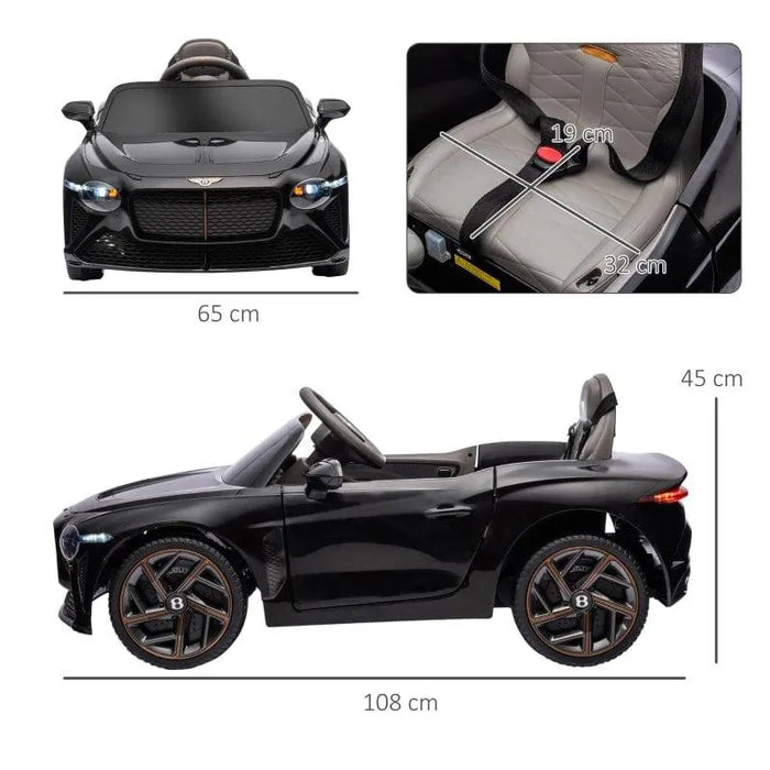 Black Bentley Bacalar kids electric ride-on car with butterfly doors, detailed seat and dimensions shown