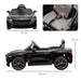 Black Bentley Bacalar kids electric ride-on car with butterfly doors, detailed seat and dimensions shown
