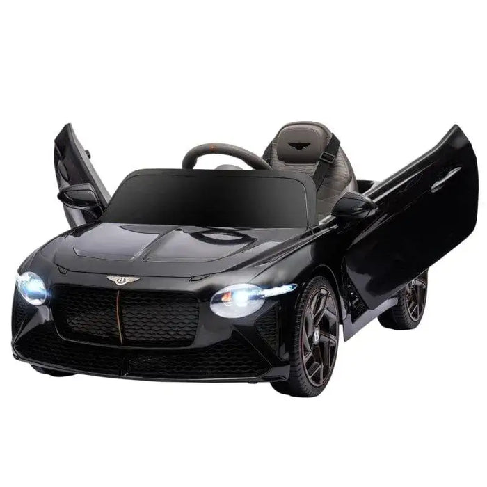 Black 12V Bentley Bacalar kids electric ride-on car with butterfly doors open and headlights on