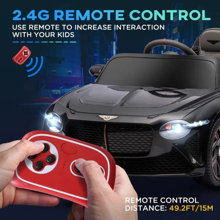 Black 12V Bentley Bacalar kids' ride-on car with remote control feature and headlights on