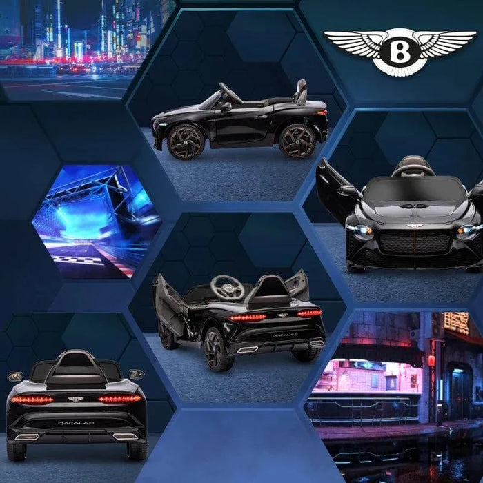 12V licensed Bentley Bacalar kids electric ride-on car in black with butterfly doors, multiple angles
