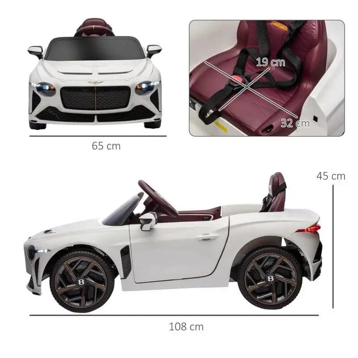 White kids Bentley Bacalar electric ride-on car with measurements and maroon seat detail.
