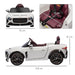 White kids Bentley Bacalar electric ride-on car with measurements and maroon seat detail.