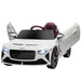 White kids' Bentley Bacalar electric ride-on car with butterfly doors open and headlights on