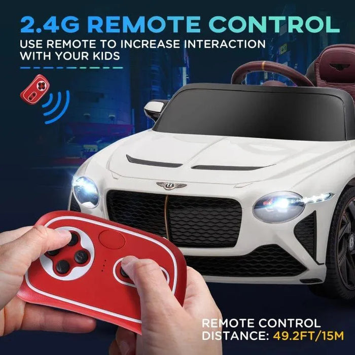 White Bentley Bacalar kids 12V electric ride-on car with butterfly doors, remote control, and music.