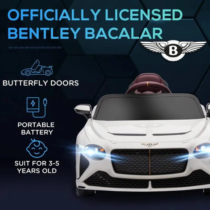 White 12V Bentley Bacalar kids electric ride-on car with butterfly doors, headlights on.