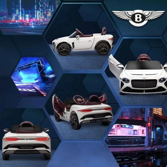 12V white Bentley Bacalar kids electric ride-on car with butterfly doors, shown from multiple angles on a futuristic blue background.