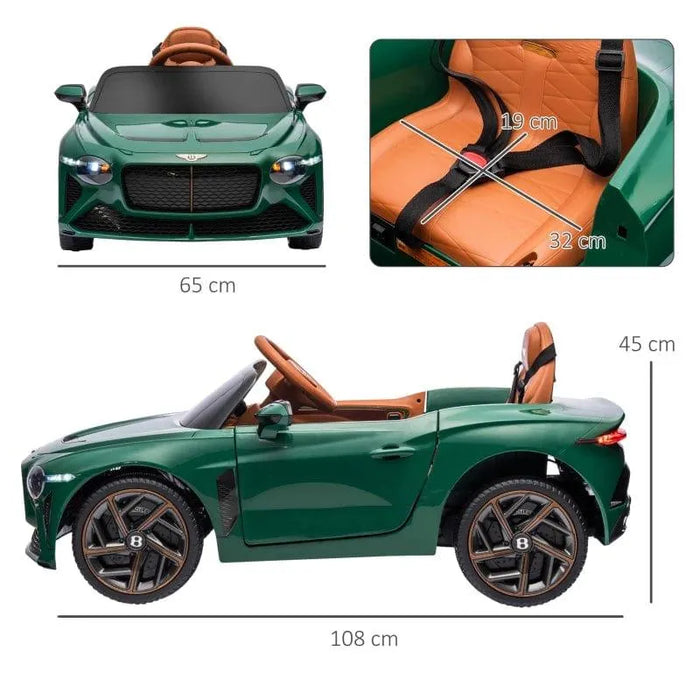 Green 12V Bentley Bacalar kids ride-on car with butterfly doors, seatbelt, and measurements
