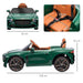 Green 12V Bentley Bacalar kids ride-on car with butterfly doors, seatbelt, and measurements
