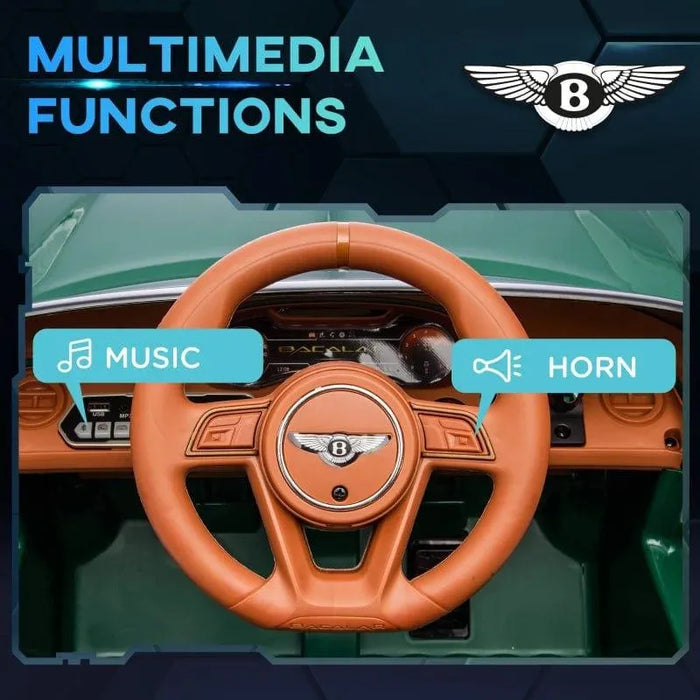 Bentley Bacalar kids ride-on car dashboard with brown steering wheel, music and horn functions