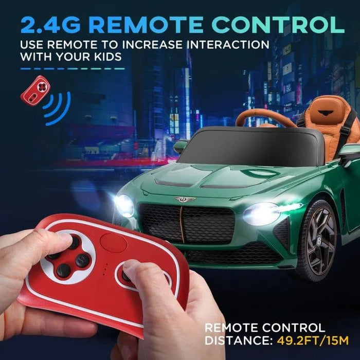 Green 12V Bentley Bacalar kids ride-on car with remote control and headlights on